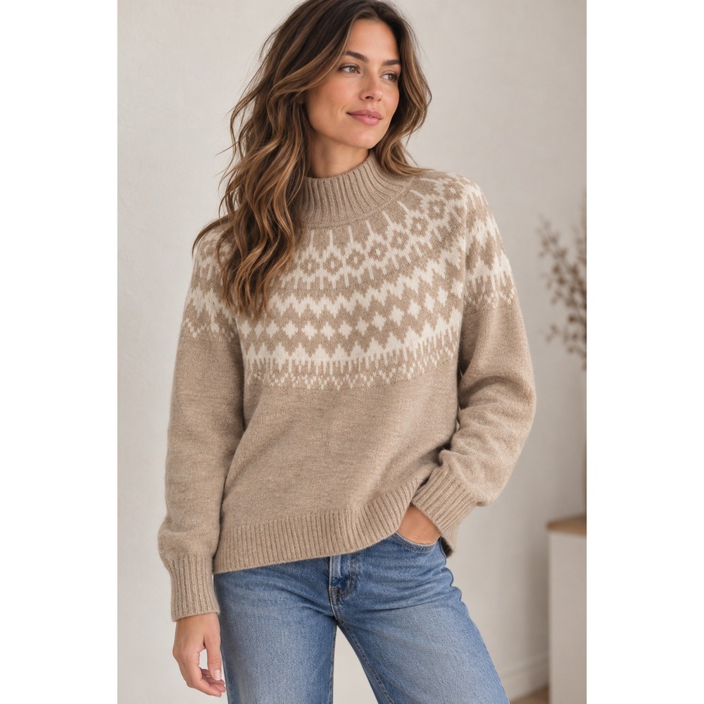 Gap Fair Isle Mock Neck Sweater Large Tan Beige Geometric Knit Cozy Pullover